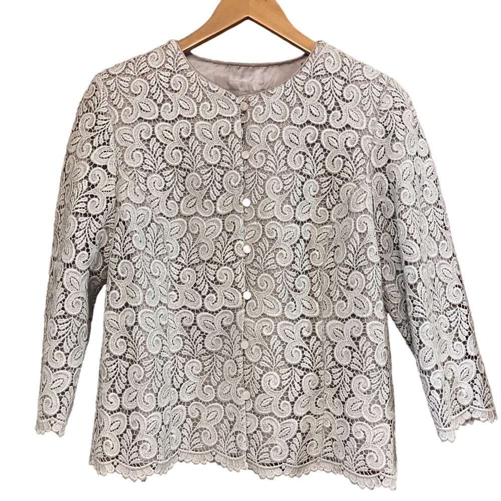 Elegant Silver Lace Overlay Blazer Size 10